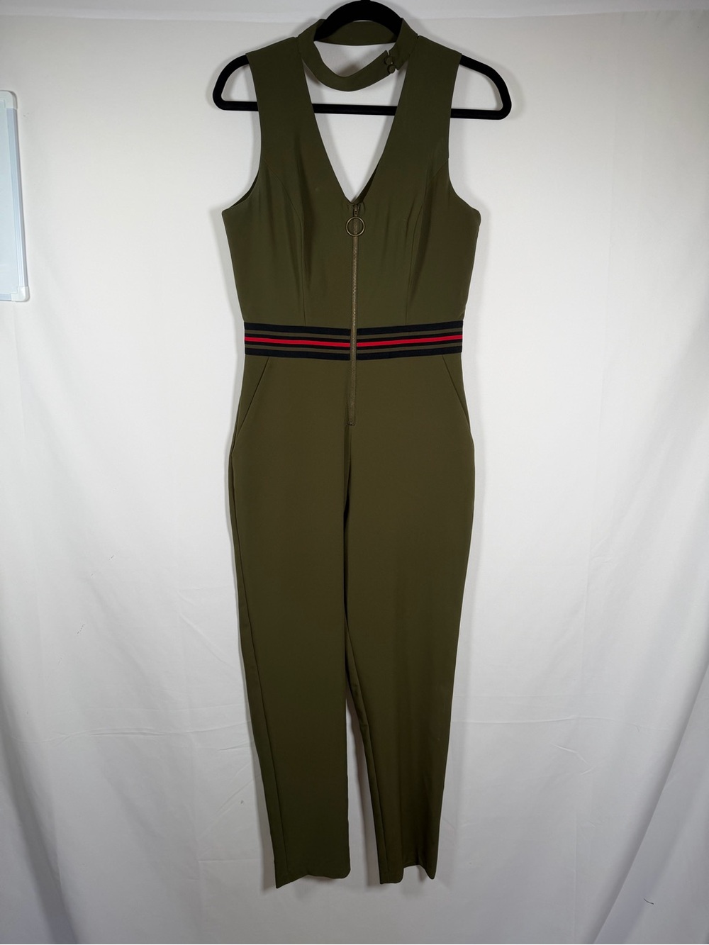 Olive Green Sleeveless Jumpsuit  Striped Waist Military, Corporeal, Army,
